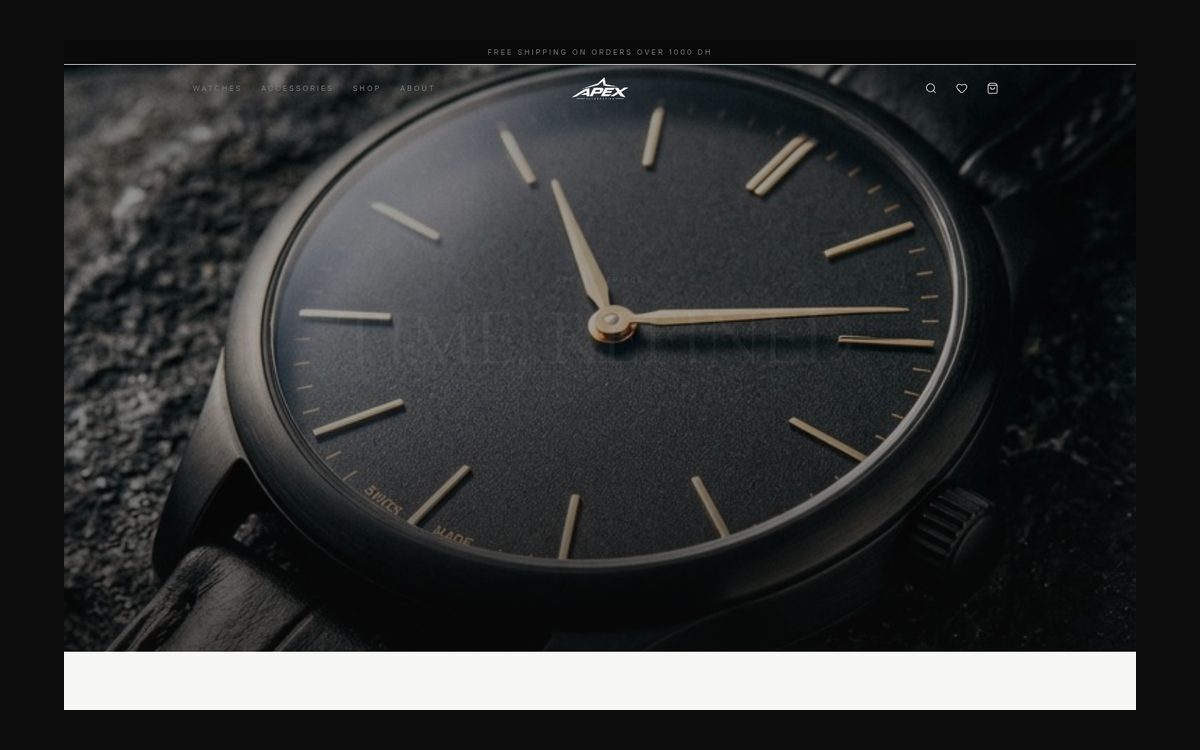 Apex Timepiece storefront homepage showing the APEX TIMEPIECE wordmark, navigation and hero product imagery.