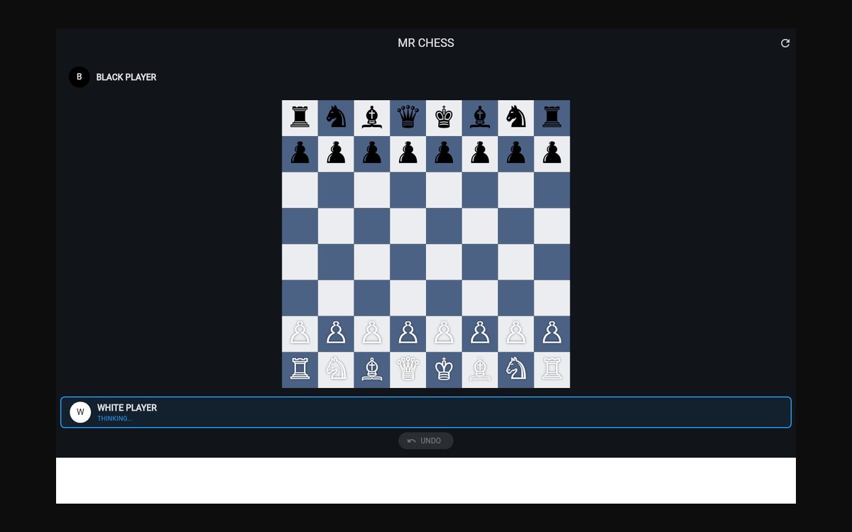 MR Chess Flutter app showing an interactive chessboard with player cards for Black and White.