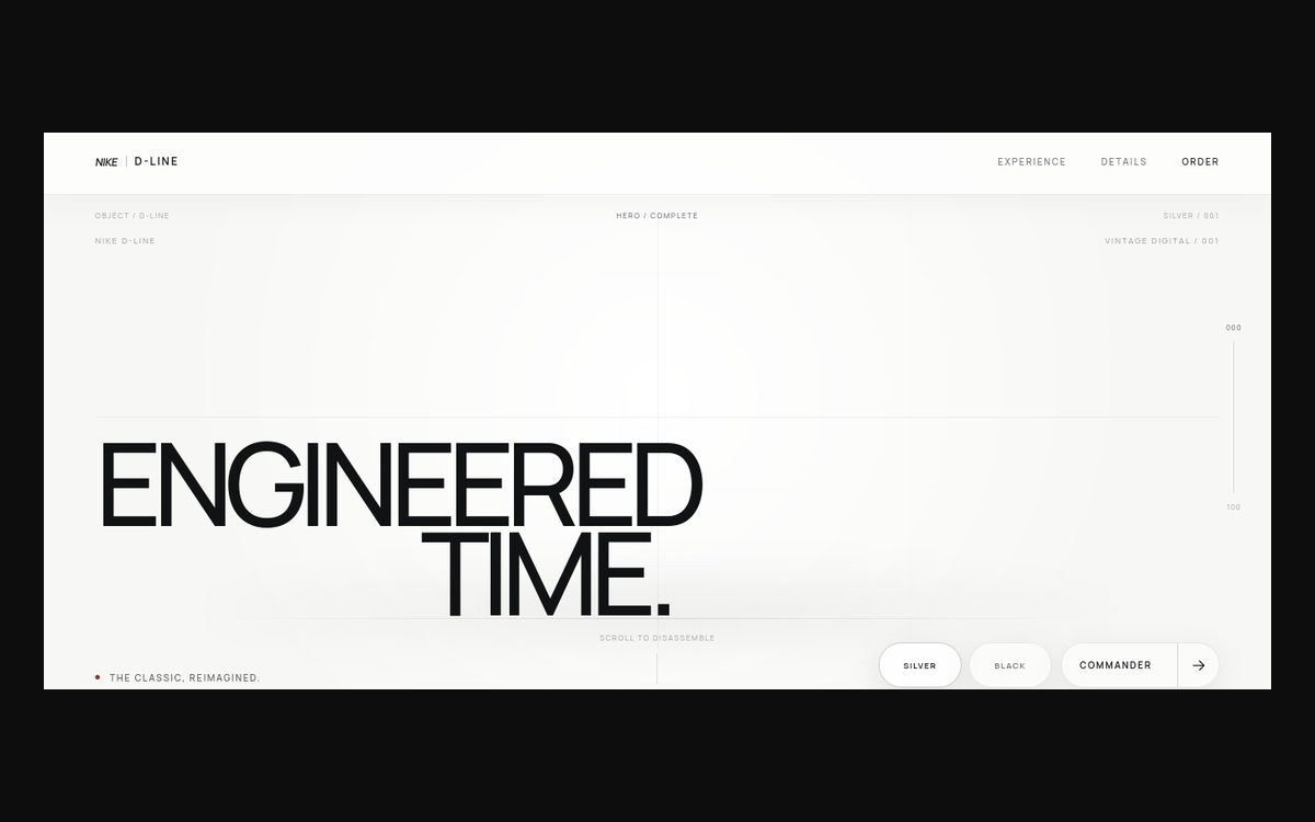 Nike D-Line 3D watch experience showing the vintage digital watch with a scroll-to-disassemble prompt and silver or black selectors.